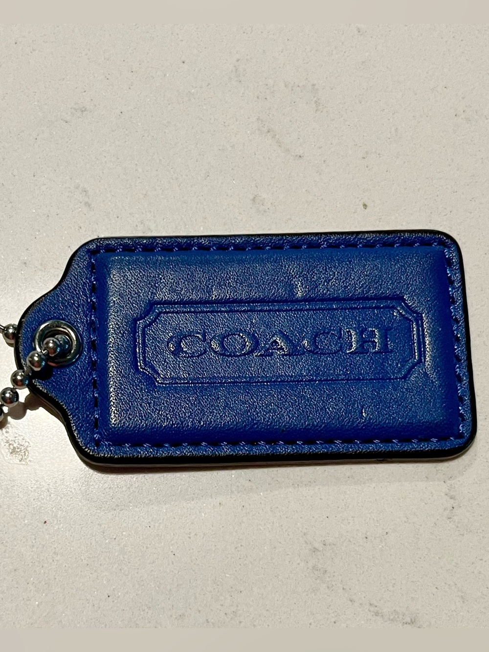 Coach Blue Leather Logo Tag Keychain Key Fob Hangtag with Silver Chain, 3”